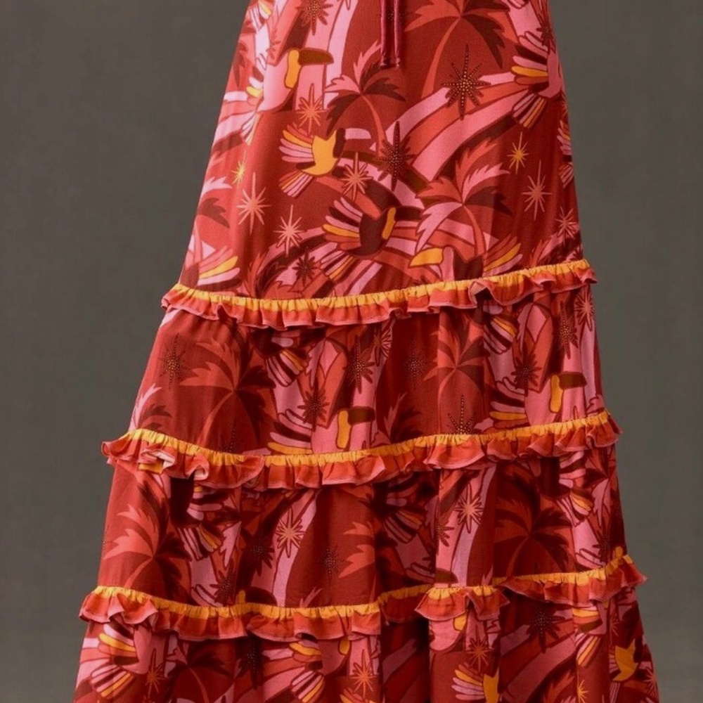 Anthropologie Farm Rio Shirred Tiered Ruffle Maxi Skirt Rayon Pink SZ XL  BWT